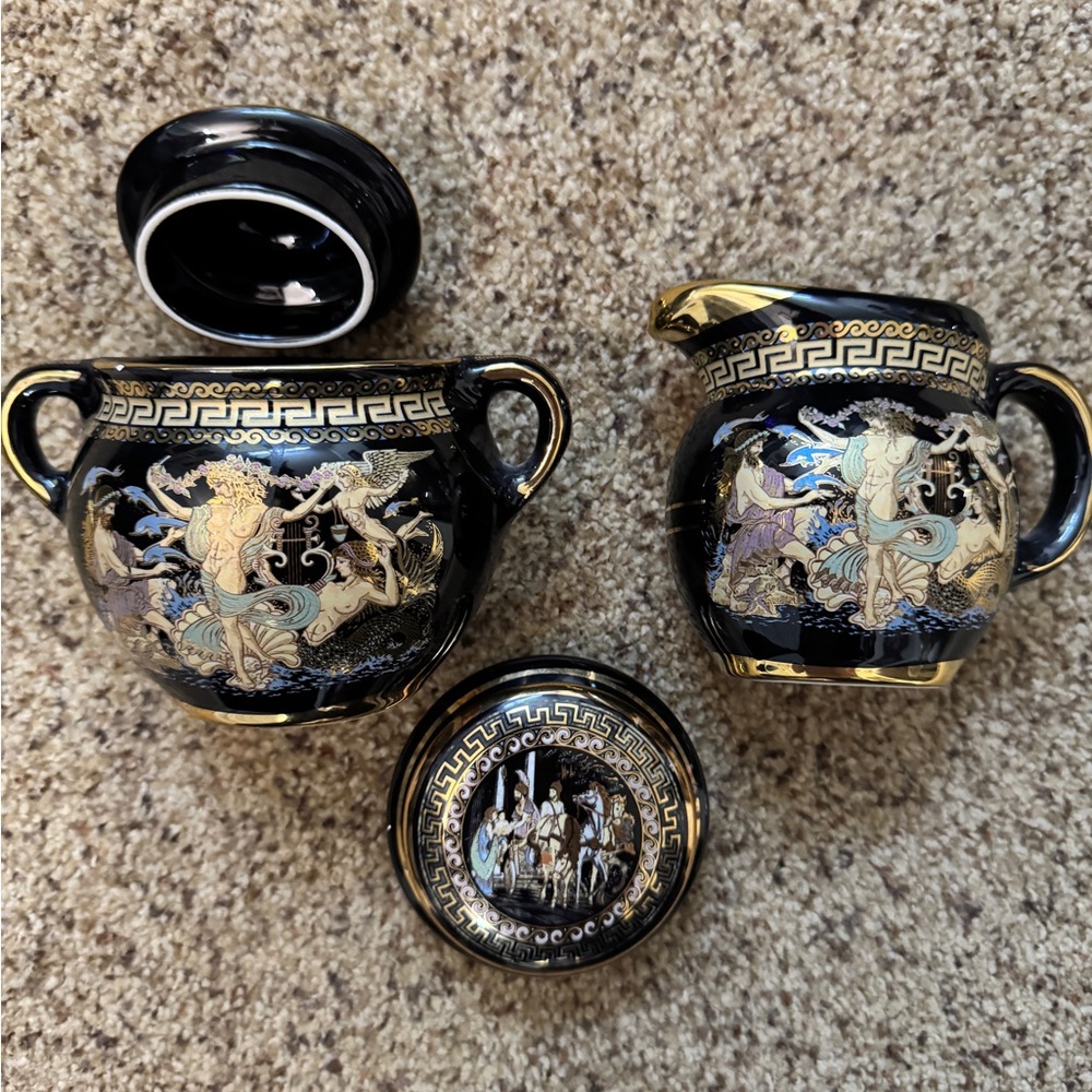 Vintage Black & Gold Greek Scene Creamer & Sugar Bowl Set - Picture 2 of 3
